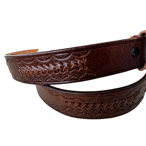 Vintage Leather Belt Size Medium Woven Tooled Waist Buckle Adjustable Brown - Picture 2 of 9